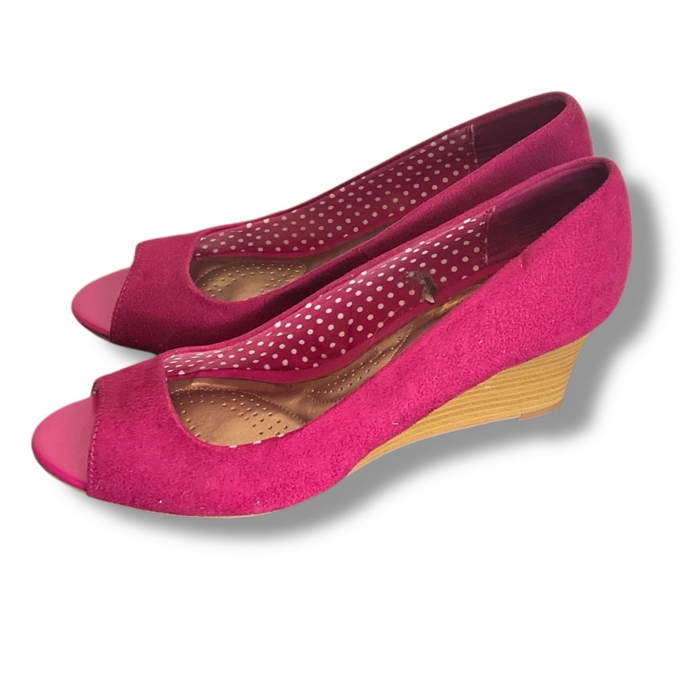 Dexflex Comfort Shoes Pink Wedge High Heels Open Toe Pumps Size 9W